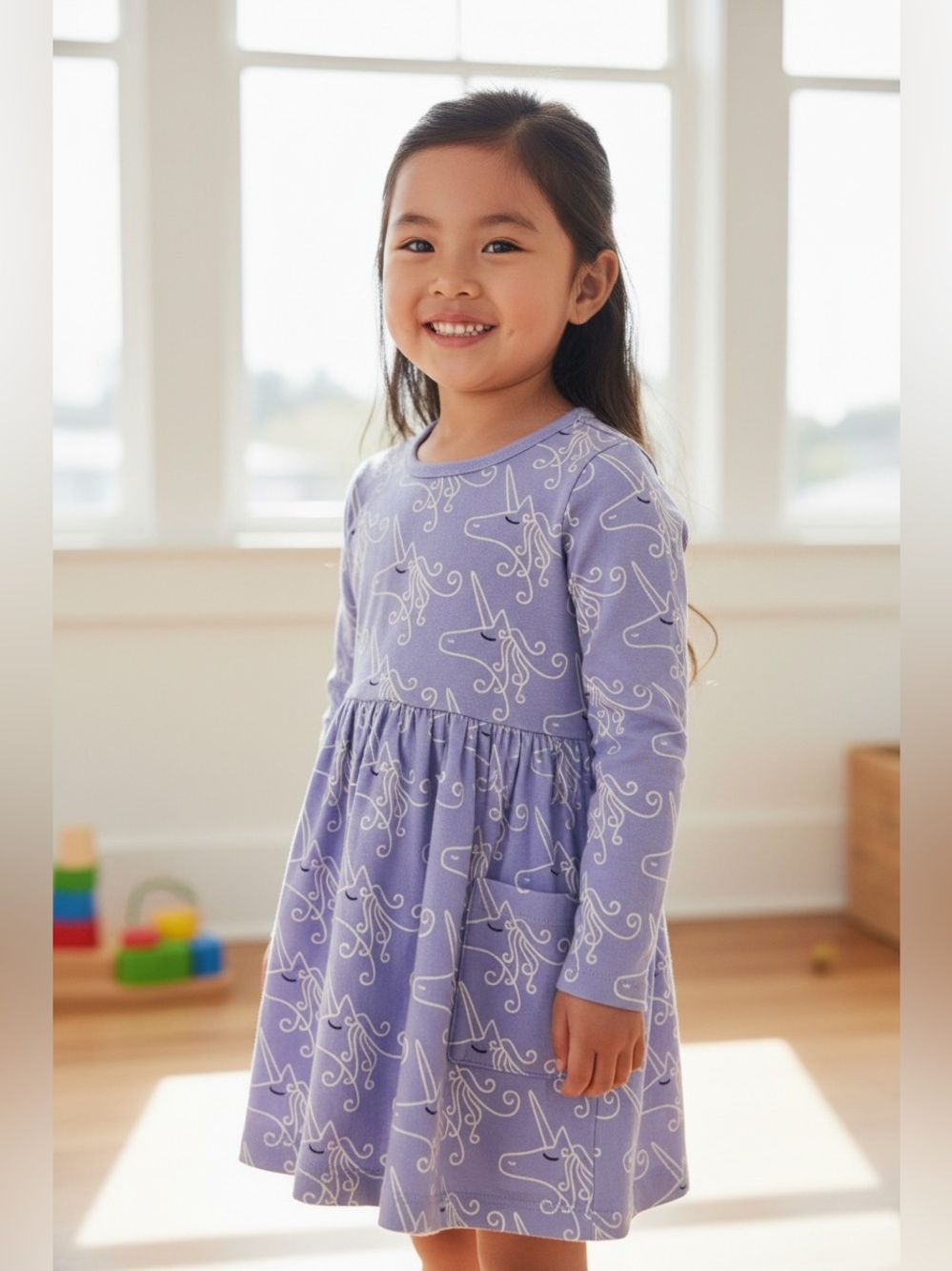 Hanna Andersson Girls Lilac Unicorn Long Sleeve Pocket Dress 3T